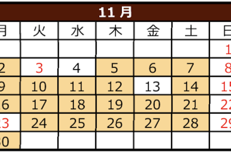 ＜2020年月のセンター南CYGNETスタジオ１１月お休み日＞